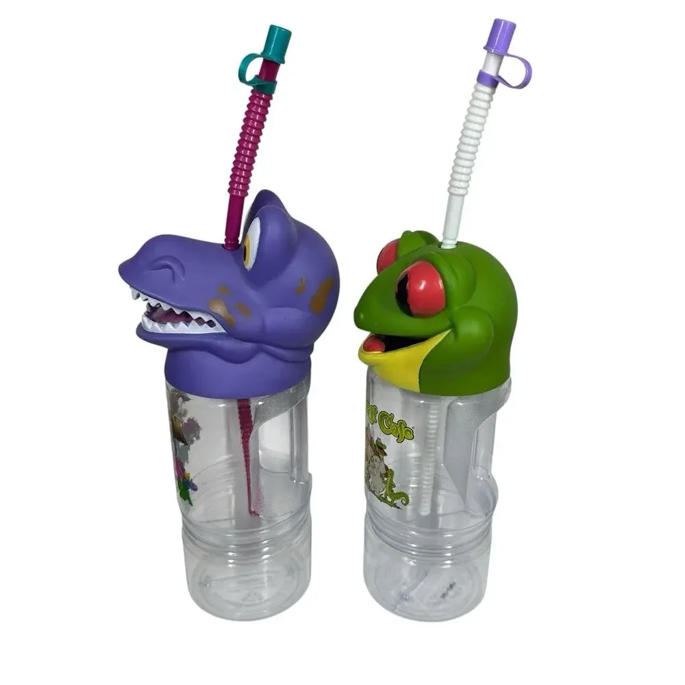 Rainforest Cafe Set of 2 Animal Travel Snack Cups Tumblers‎ w/Straws T-Rex Frog